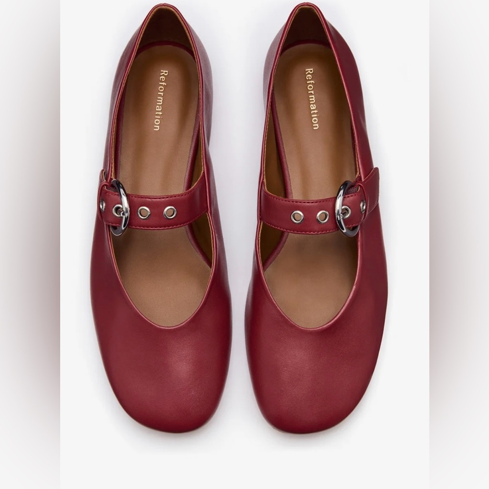 NWOB Reformation Bethany Mary Jane Flats red burgundy nappa leather - Picture 2 of 5